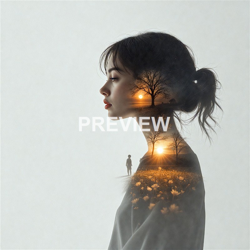 A double exposure image of a woman's profile with a landscape scene of trees, sunset, and a person walking, creatively blending into her silhouette.